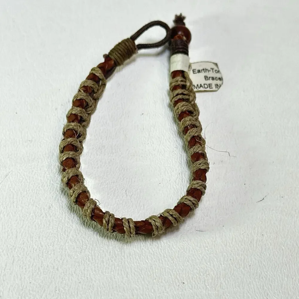 Vtg Jute Leather Loop Beaded Bracelet Earth Tone Brown Tan Handmade Beach Boho